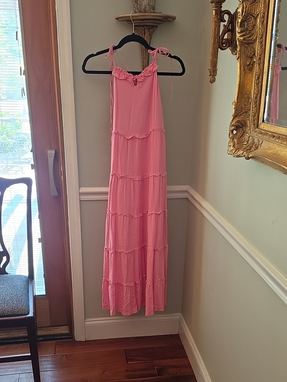 Sleeveless Pink Tiered Maxi Dress with Tie Straps